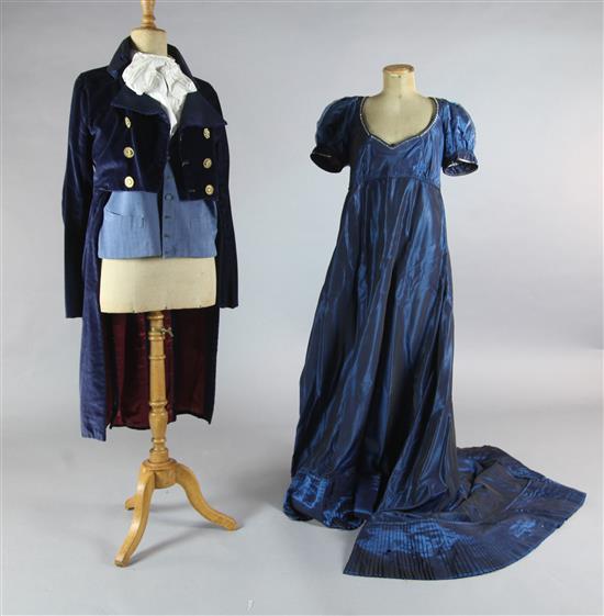 Don Pasquale: A rail of petrol blue dresses, red, purple and pink embroidered dresses, velvet and wool frock coats, etc.